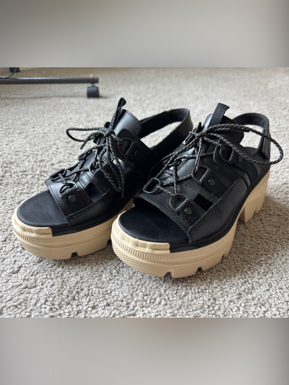 Sorel Black Lace-Up Platform Sandal with Cream Chunky Sole